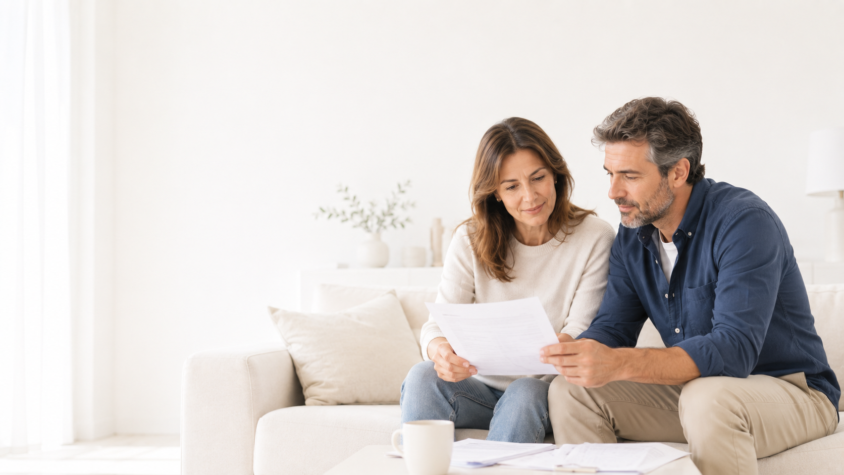 Pareja revisando los papeles de su hipoteca en casa