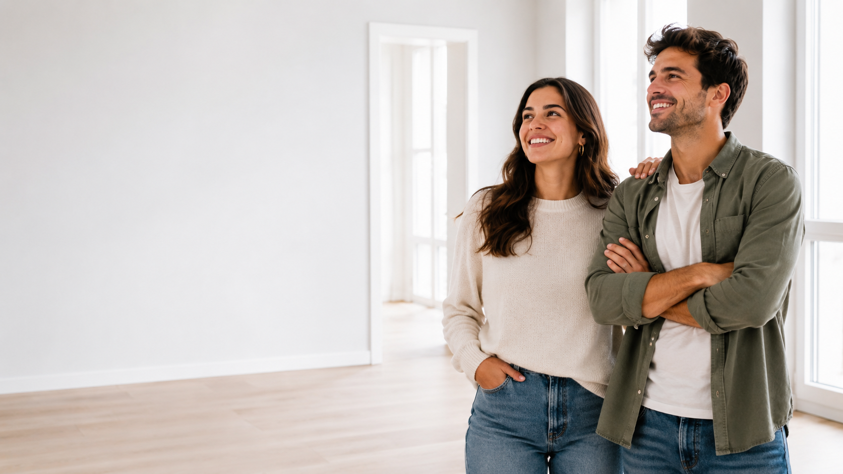 Pareja en su nueva vivienda tras conseguir el 100% de financiacion