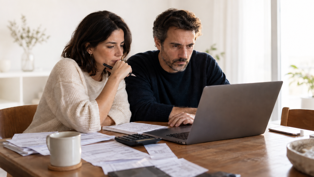 Pareja revisando la revisión de su hipoteca variable en casa