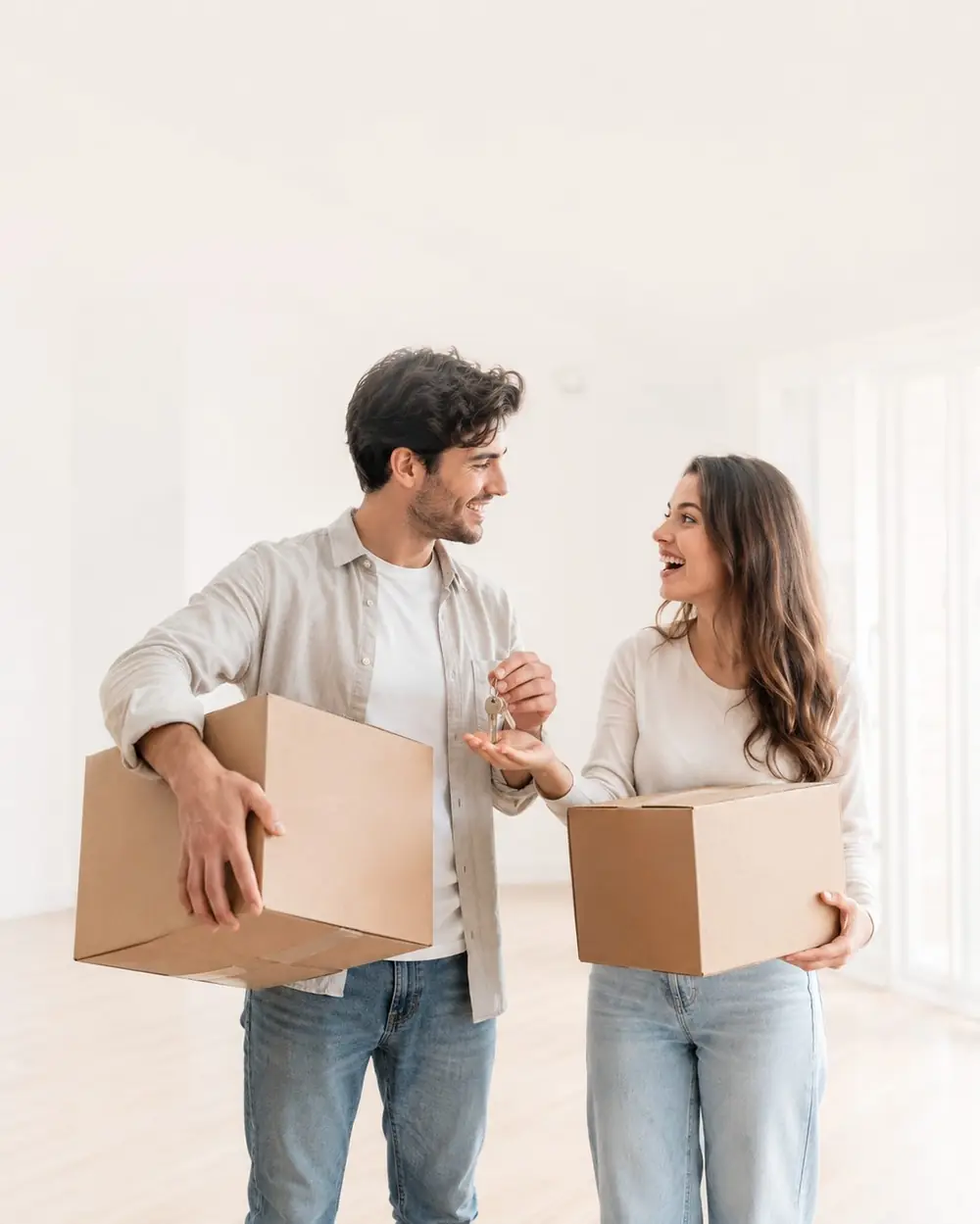 Pareja joven con cajas de mudanza en su primera vivienda